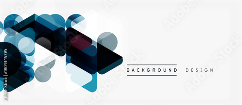 Abstract geometric shapes overlap, creating dynamic visual effect. Blue, white hues dominate minimalist background design.