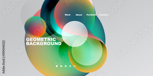 Abstract design features colorful overlapping shapes. Text includes work, about, portfolio, contact, geometric background. Dots indicate navigation.