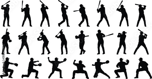 Vector silhouette set of baseball players batting pitching and catching with circus acrobats performing tightrope walks for sports and entertainment themed digital design projects.