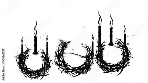 Eerie, flickering candles nestled in dark, twiggy wreaths against a stark white background.
