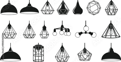 Collection of Modern Industrial Pendant Light Silhouettes Featuring Geometric Wire Cage Lampshades and Vintage Edison Bulb Hanging Ceiling Fixtures for Interior Home Decor Design