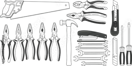 Vector illustration set of hand tools featuring saws pliers hammers screwdrivers and wrenches isolated on white background for carpentry construction and home repair.