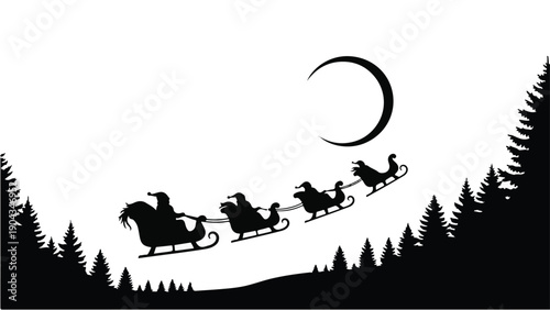 Santa's sleigh flies through the night sky over a dark forest with a crescent moon.