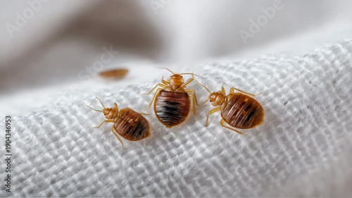 Macro shot of Bed Bugs (Cimex lectularius) on a white textile