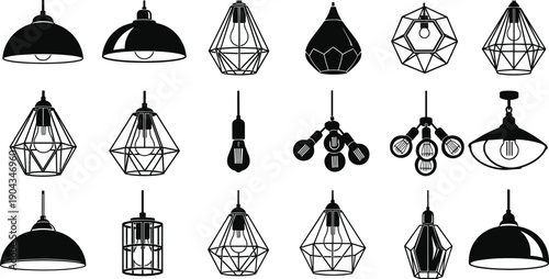 Collection of Modern Industrial Pendant Light Silhouettes Featuring Geometric Wire Cage Lampshades and Vintage Edison Bulb Hanging Ceiling Fixtures for Interior Home Decor Design