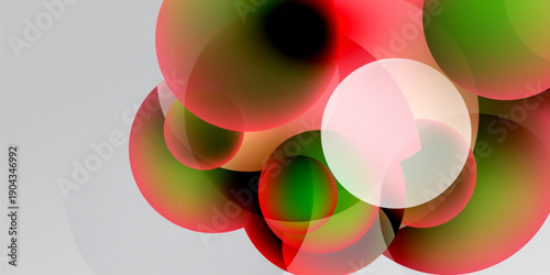 Abstract composition featuring overlapping circles. Red, green, white hues blend, creating soft gradients. Minimalist design, dark background.