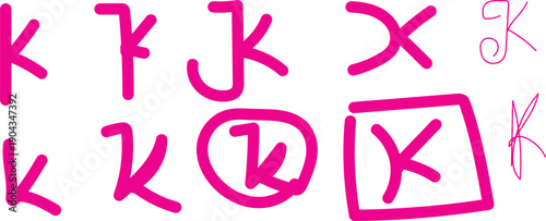 Handwritten letter K variations in pink color on transparent background