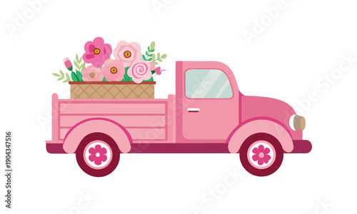A lovely pink vintage-style pickup truck carrying a basket filled with beautiful pink flowers in its bed.
