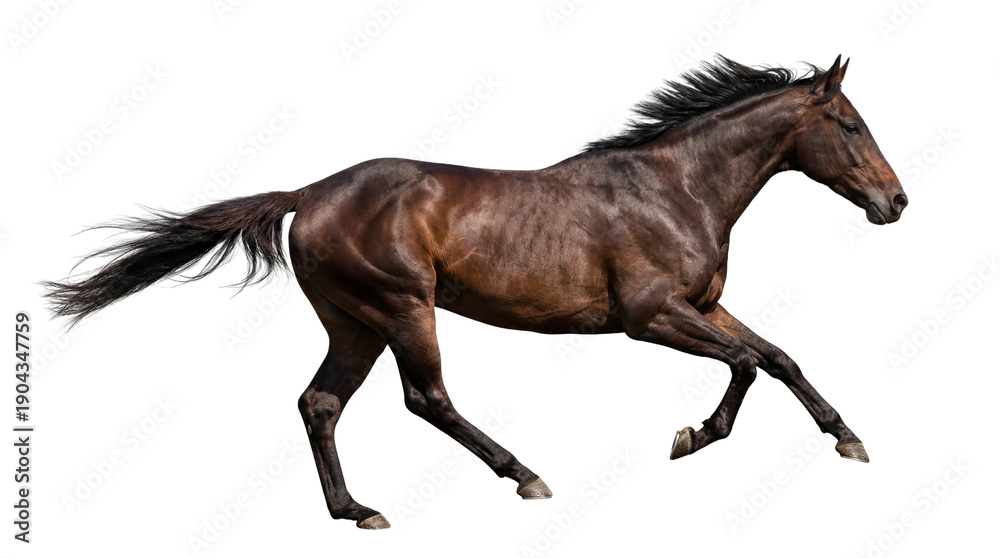 Obraz premium Dark bay horse galloping with flowing mane and tail, full body side view, isolated on white