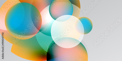 Abstract composition featuring overlapping translucent circles. Colors blendblues, oranges, greenscreating soft gradients. Minimalist design, modern aesthetic.