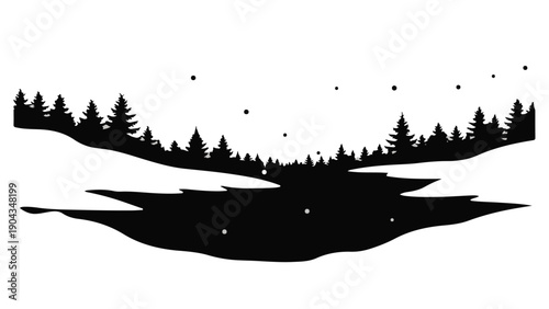 Silhouette of a serene winter forest landscape with a frozen lake under a starry night sky.