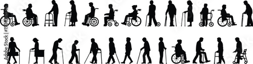 cad drawing flat vector illustration, elderly disability silhouette set, wheelchair walker cane users, senior mobility assistance concept, healthcare accessibility background