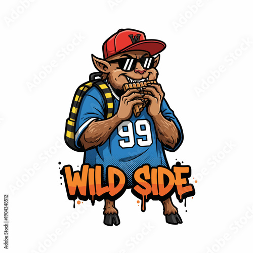 Cartoon Goblin Character Playing Harmonica with Wild Side Text.
