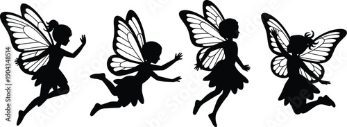 Fairy silhouette illustration set, flying fantasy girls with butterfly wings, magical fairy tale characters, isolated black vector design