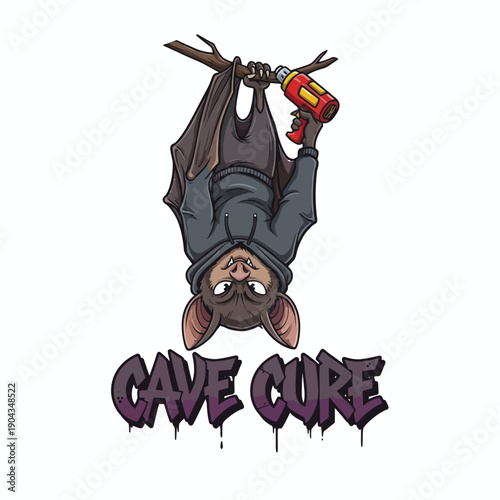 Cartoon Bat Hanging Upside Down Holding a Drill with Cave Core Text.