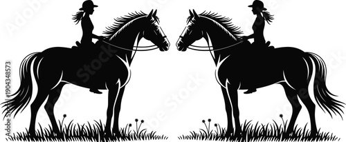 Equestrian rider silhouette facing horses, horse riding sport concept, western cowgirl on horseback, isolated black vector illustration design artwork set