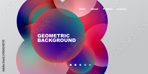 Abstract colorful shapes dominate black background. Text displays geometric background, navigation links present above. Dots indicate further content.