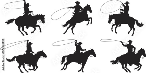 Western cowboy lasso silhouette set, rodeo horse riding action poses, ranch equestrian sport, isolated black vector illustration collection design artwork