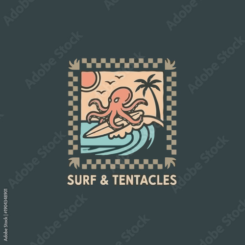 Octopus Surfing on a Wave with Palm Tree and Sun.