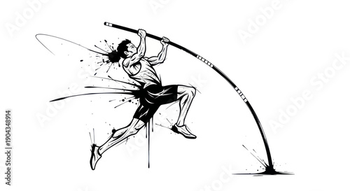 Dynamic Pole Vault Athlete Silhouette in Action, Ink Splash Style