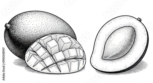 Hand-drawn illustration of a whole mango, a sliced mango, and a halved mango with pit.