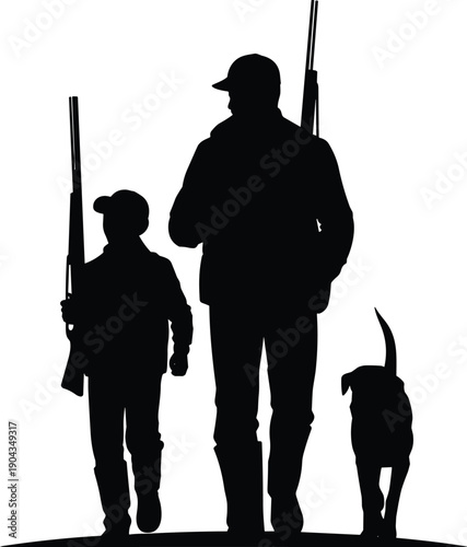 Father and son hunting silhouette walking together, outdoor shooting sport concept, family bonding with dog, isolated black figures vector illustration