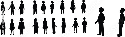 cad drawing flat vector illustration, people silhouette set, children and adult figures, human standing poses, family diversity concept, isolated background