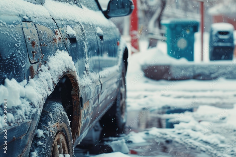 Obraz premium Snow is falling on a rusty abandoned car during winter season