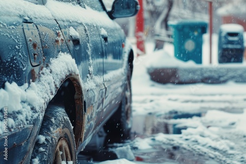 Snow is falling on a rusty abandoned car during winter season