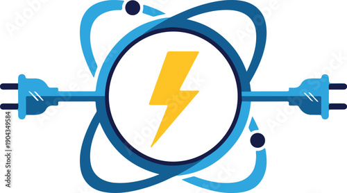 Electricity generation and distribution concept with stylized atom and plug, symbolizing energy and power, innovative technology and sustainable solutions.