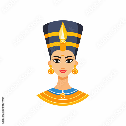 Ancient Egyptian Queen Nefertiti Portrait in Blue and Gold Headdress Isolated on White