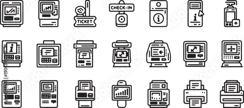 Collection of modern payment terminal and machine icons for business and finance, including check in and ticket dispenser symbols.