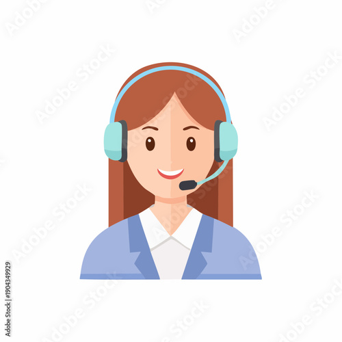 Friendly female customer service representative wearing headset smiles at camera in vector flat style illustration