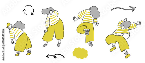 うかれて踊る女性,矢印+ゆるシェイプ｜シンプルカラー,ハンドドローイング,ベクターイラスト｜Man Dancing,vector illustration