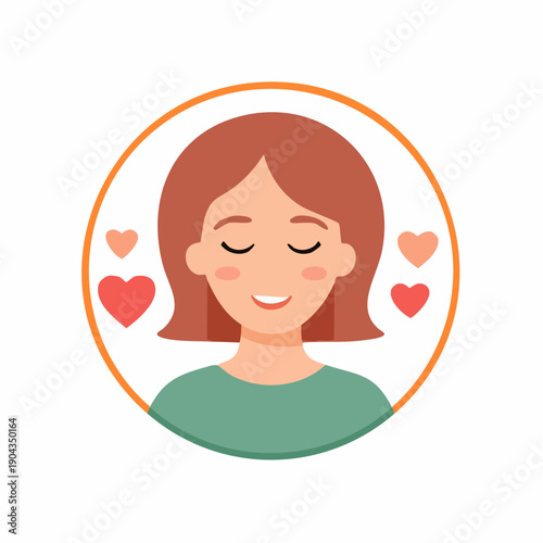 Smiling woman avatar with hearts in a circle, showcasing positivity and love in social media profile image.