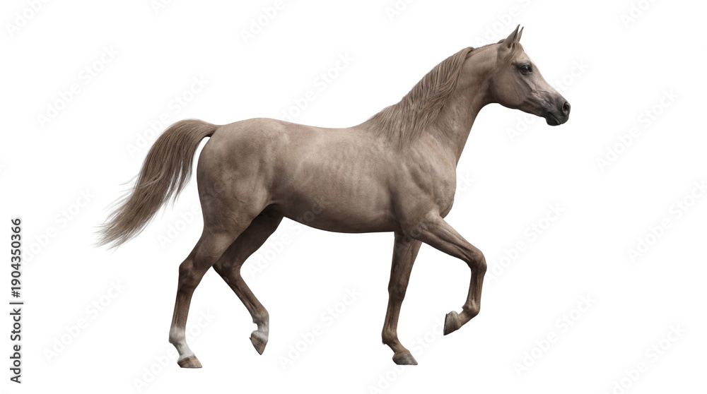 Fototapeta premium Light brown Arabian horse walking, full body side view, elegant equine isolated on white
