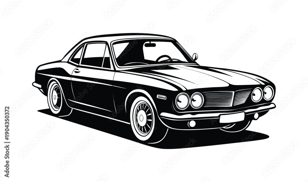 Obraz premium A sleek black and white vintage sports car with a powerful silhouette, showcasing timeless automotive design. 