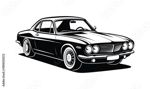 A sleek black and white vintage sports car with a powerful silhouette, showcasing timeless automotive design.
