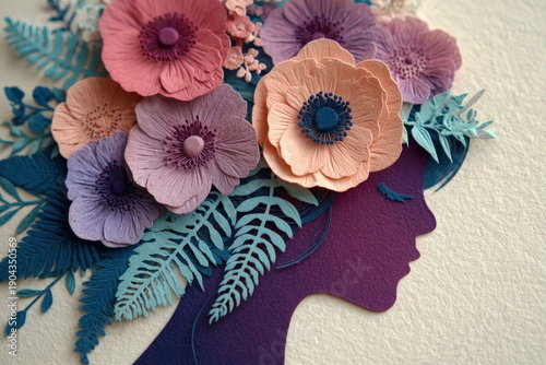 Intricate paper craft silhouette of a woman adorned with layered floral arrangements