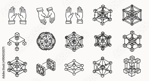 Sacred geometry and spiritual symbols vector icon set. Collection of line art designs featuring hands, mystical shapes, and esoteric diagrams for meditation and abstract concepts.