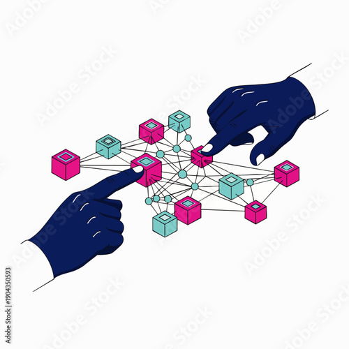 Abstract illustration of two hands interacting with a decentralized digital network, representing blockchain technology, data connection, and collaborative distributed systems.