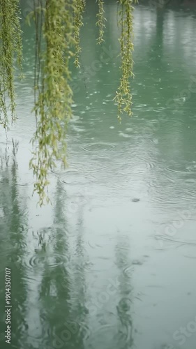 Raindrops Falling on Serene Water Surface Reflections