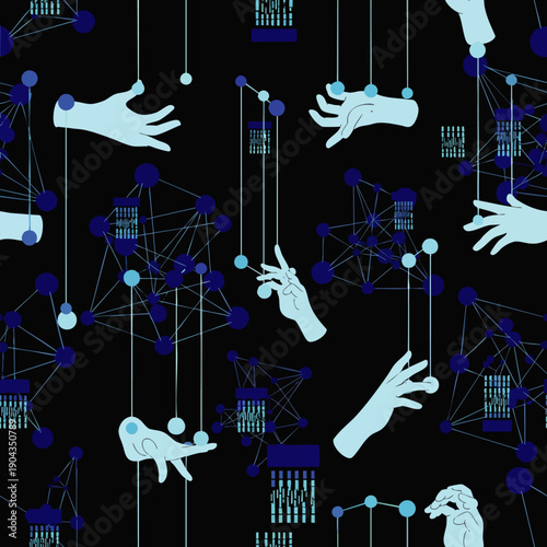 Abstract illustration of hands interacting with digital network nodes and data streams, symbolizing technology and connection
