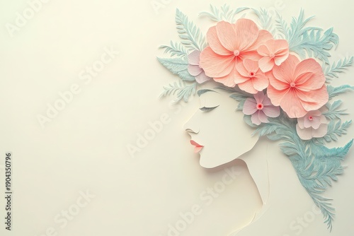 Delicate paper cutout profile of a serene woman adorned with pastel flowers and foliage