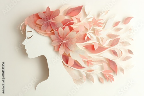 Delicate paper-cut silhouette of a woman adorned with layered floral elements against a pale background