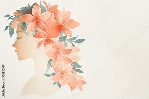 Silhouette profile of a woman's head adorned with blooming coral flowers and green foliage