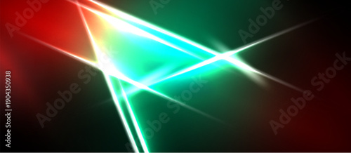 Abstract vibrant lines intersect. Red, green, yellow hues create dynamic light effect against black background. Modern digital art.