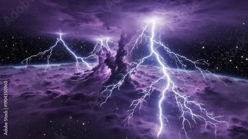 Intense Purple Lightning Storm Over Planet Horizon