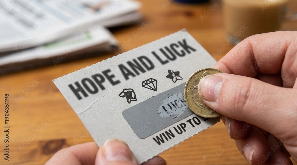 Naklejka premium Hand holding a lottery ticket with coin near scratch-off section on wooden table with newspapers