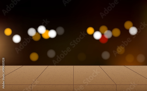 Wooden tabletop with defocused golden bokeh lights background